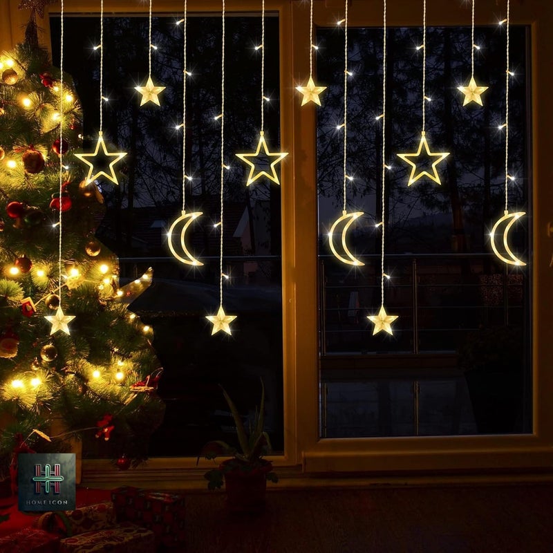 Home Icon هوم أيكون 3.5M أضواء سلسلة LED بيضاء دافئة مع نجوم وأقمار - 138 LED، تعمل بالبطارية لرمضان، العيد، حفلات الزفاف والحفلات - Image 1