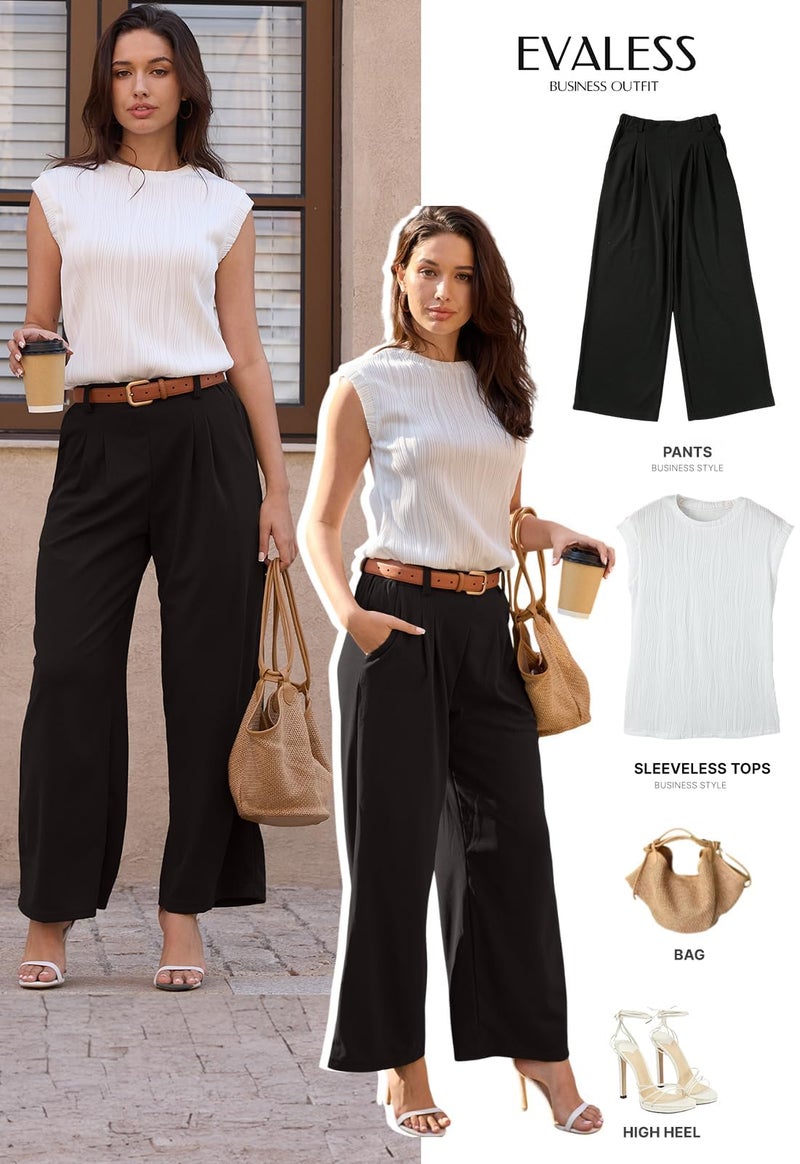 EVALESS Women's High Waisted Pants Plain Solid Color Wide Leg Waffle Knit Dressy Business Casual Pants Stretchy Trousers with Pockets Black X-Large - Image 5