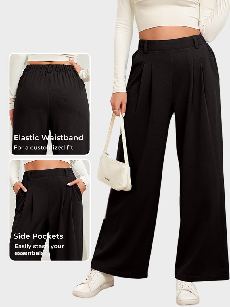 EVALESS Women's High Waisted Pants Plain Solid Color Wide Leg Waffle Knit Dressy Business Casual Pants Stretchy Trousers with Pockets Black X-Large - Image 4