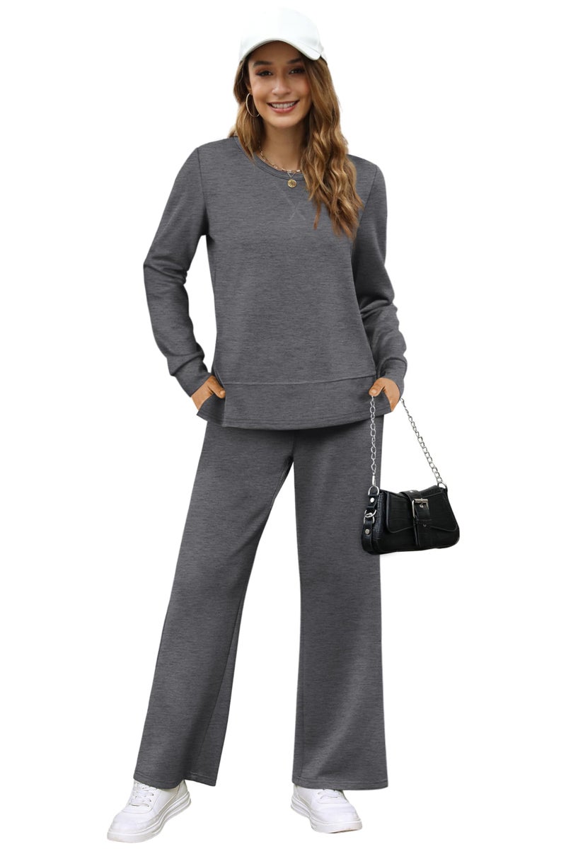 OFEEFAN Women Two Piece Outfits 2 PC Lounge Sets Fall Long Sleeve Travel Tracksuit Winter Track Suit Airport Loungewear Vacation Sweatsuit Wide Leg Sweatpants Matching Set Darkgrey XL - Image 3