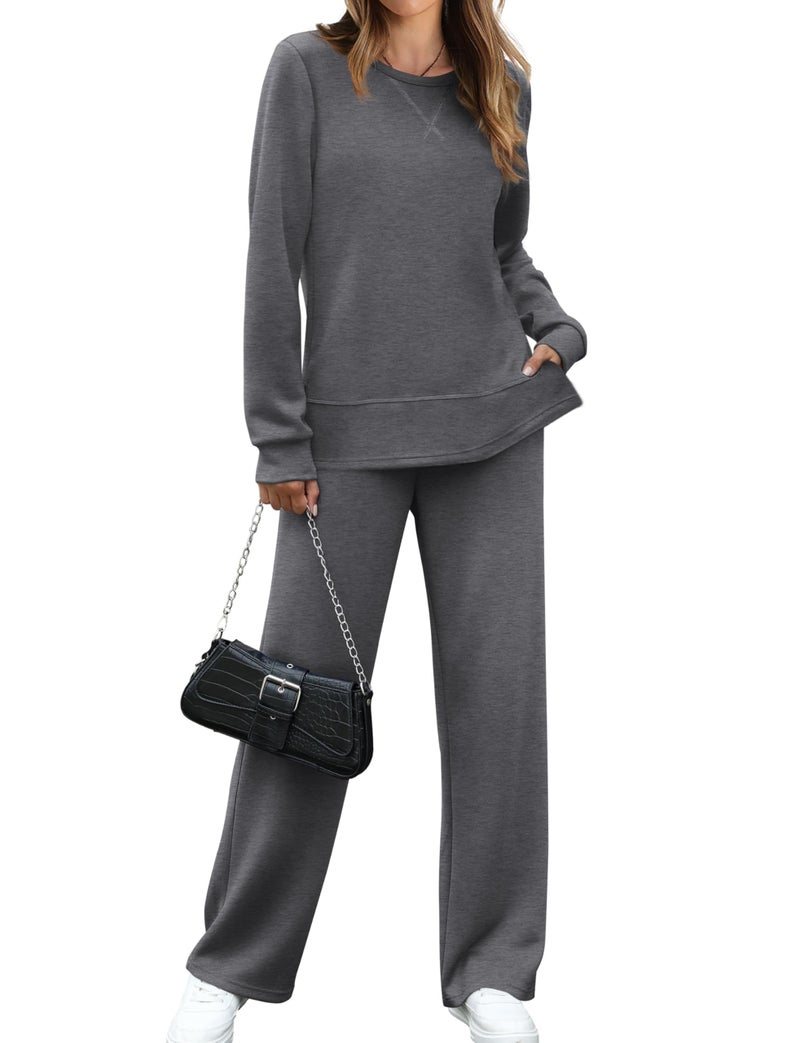 OFEEFAN Women Two Piece Outfits 2 PC Lounge Sets Fall Long Sleeve Travel Tracksuit Winter Track Suit Airport Loungewear Vacation Sweatsuit Wide Leg Sweatpants Matching Set Darkgrey XL - Image 1