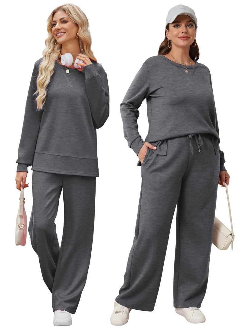 OFEEFAN Women Two Piece Outfits 2 PC Lounge Sets Fall Long Sleeve Travel Tracksuit Winter Track Suit Airport Loungewear Vacation Sweatsuit Wide Leg Sweatpants Matching Set Darkgrey XL - Image 5