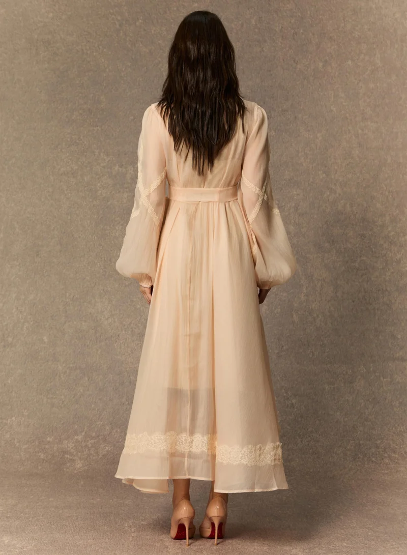 Sunfere  Lovely Details Beige Tie Neck Lace Panel Maxi Dress for Women | Best Price UAE