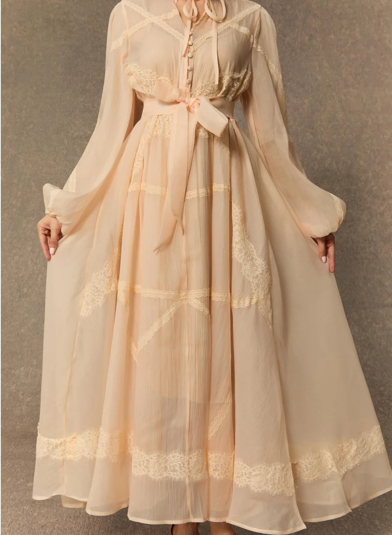 Sunfere  Lovely Details Beige Tie Neck Lace Panel Maxi Dress for Women | Best Price UAE