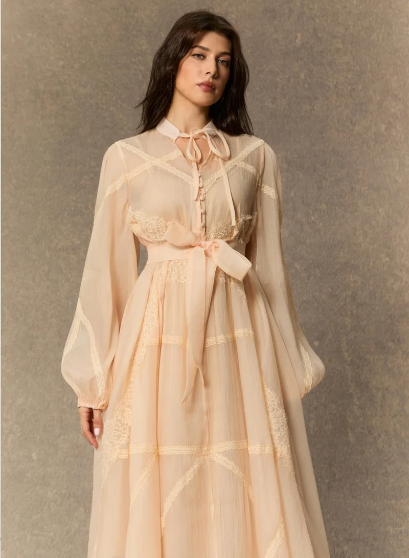 Sunfere  Lovely Details Beige Tie Neck Lace Panel Maxi Dress for Women | Best Price UAE