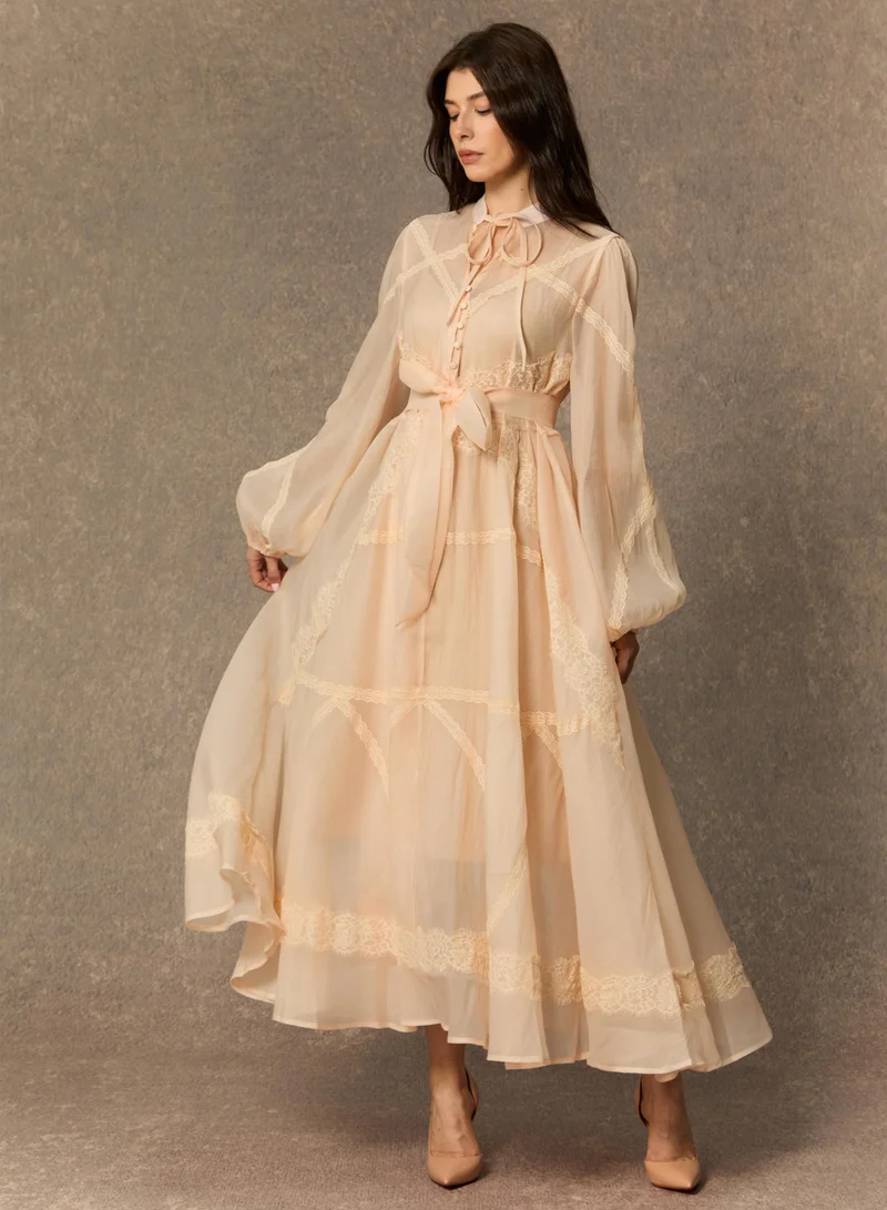 Sunfere  Lovely Details Beige Tie Neck Lace Panel Maxi Dress for Women | Best Price UAE