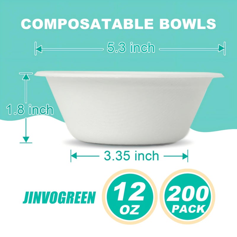 JINVOGREEN 200 Count 12 oz Paper Bowls, Disposable Compostable Bowls Bulk, Heavy Duty Biodegradable Bagasse Bowl for Snacks, Soup, and Salads, White - Image 2