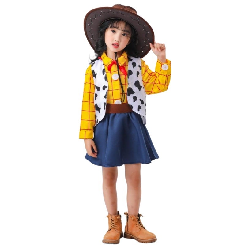 Girls Cowboy Costume for Halloween Cosplay 2008 children's clothing [cowboy hat + scarf + top + vest + skirt + belt]]