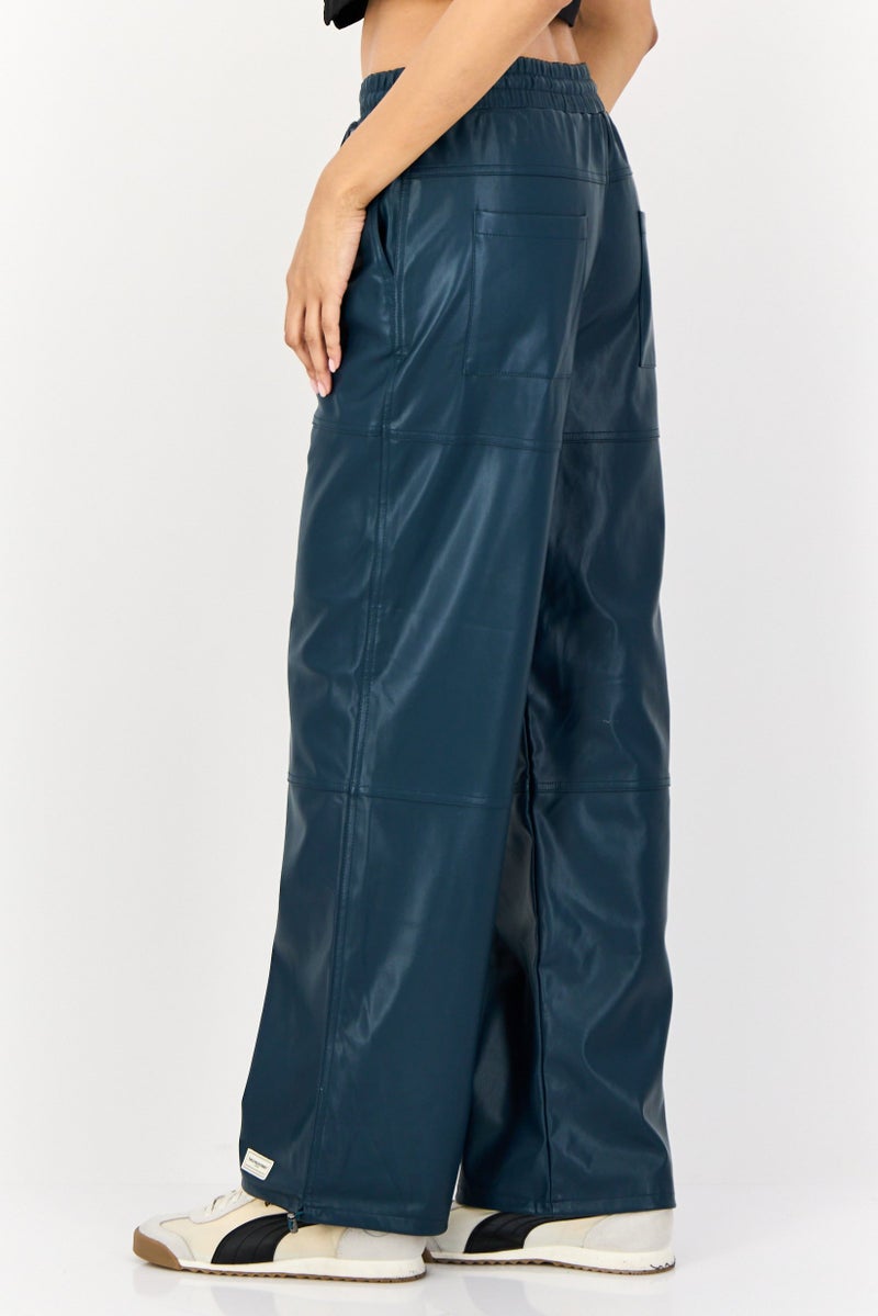 The Giving Movement Women Regular Fit Wide Leg Solid Leather Jogger Pants, Teal Blue - Image 3