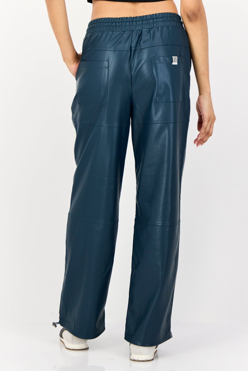 The Giving Movement Women Regular Fit Wide Leg Solid Leather Jogger Pants, Teal Blue - Image 4