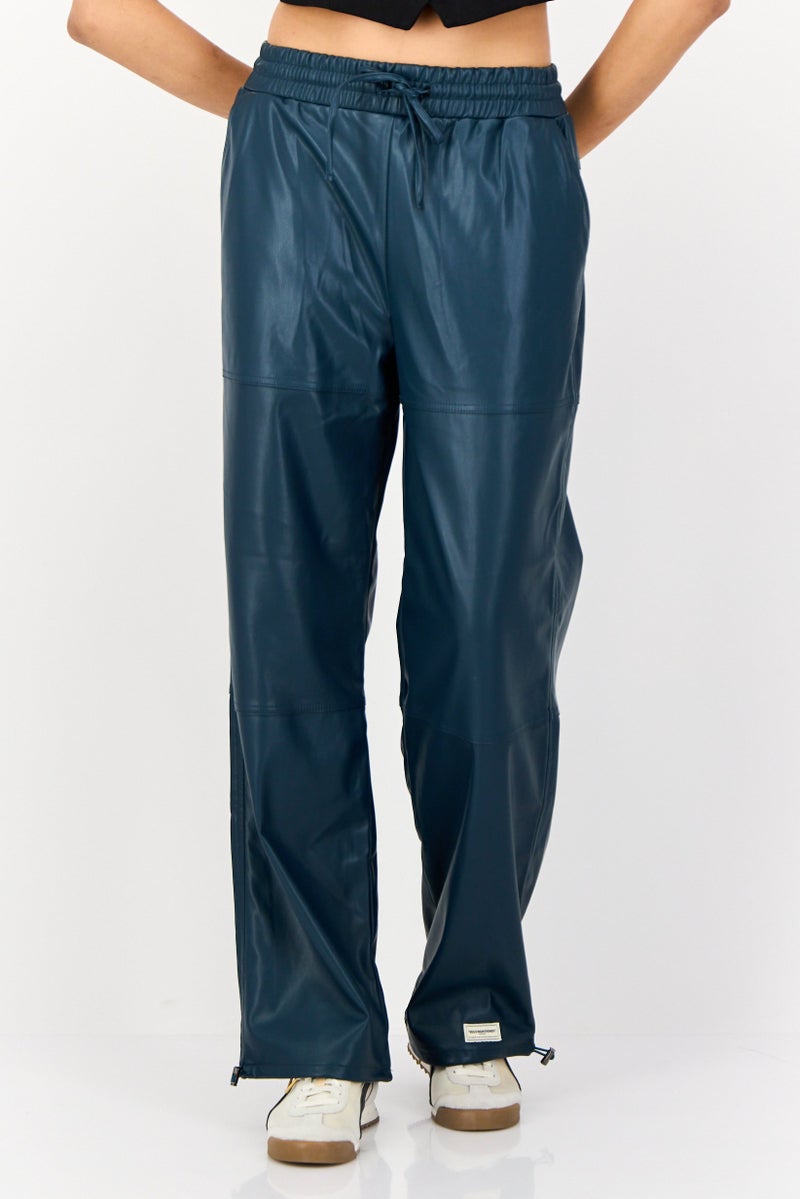 The Giving Movement Women Regular Fit Wide Leg Solid Leather Jogger Pants, Teal Blue - Image 1