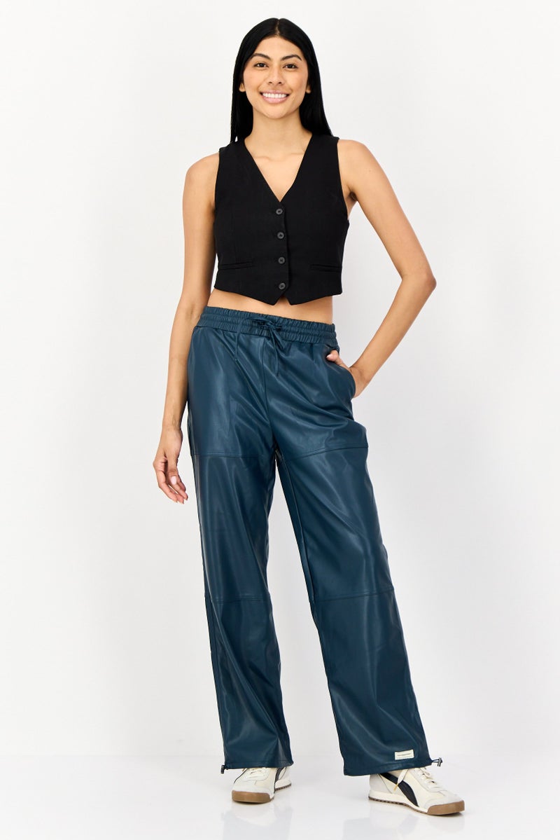 The Giving Movement Women Regular Fit Wide Leg Solid Leather Jogger Pants, Teal Blue - Image 2