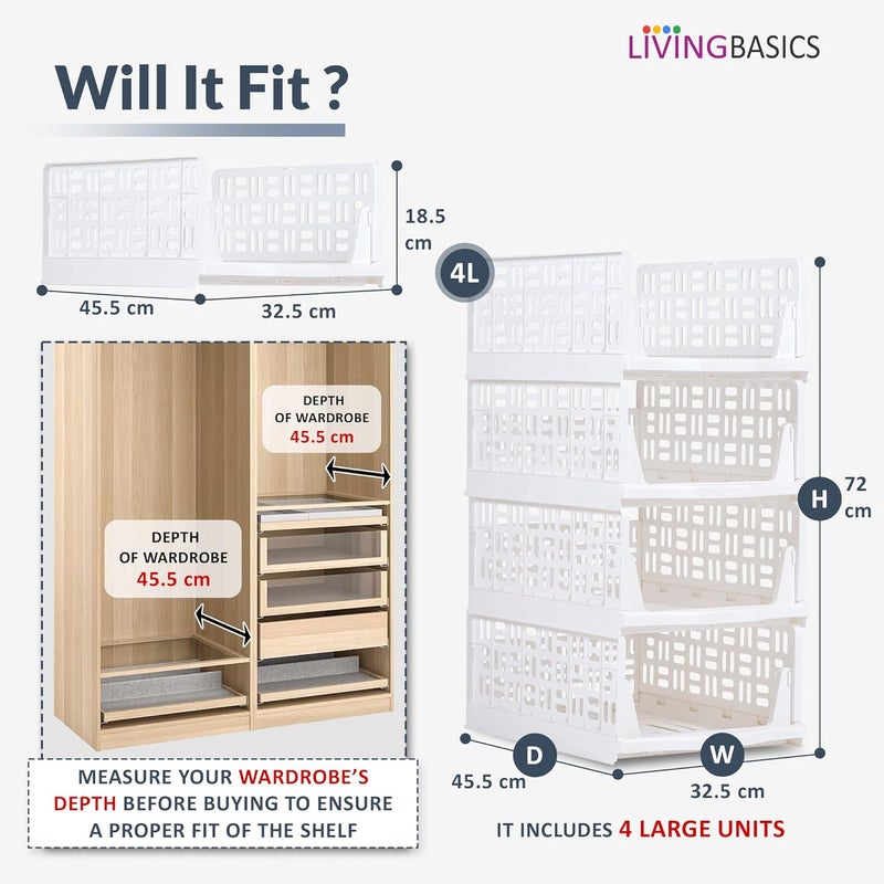 LIVINGBASICS Wardrobe Organizer for ClothesClothes Organiser for WardrobeFoldable Wardrobe OrganizerCloset Organizer for WardrobeStackable Dress Organiser for Cupboard 4 Large Plastic - Image 4