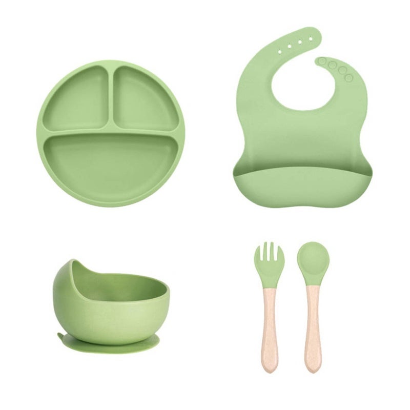Children's Silicone Plate 5-Piece Green Set - Suction Cup Bowl Soft Silicone Bib Divided Plate Baby Spoon Fork for Infant Complementary Food Training Independent Eating - Image 1