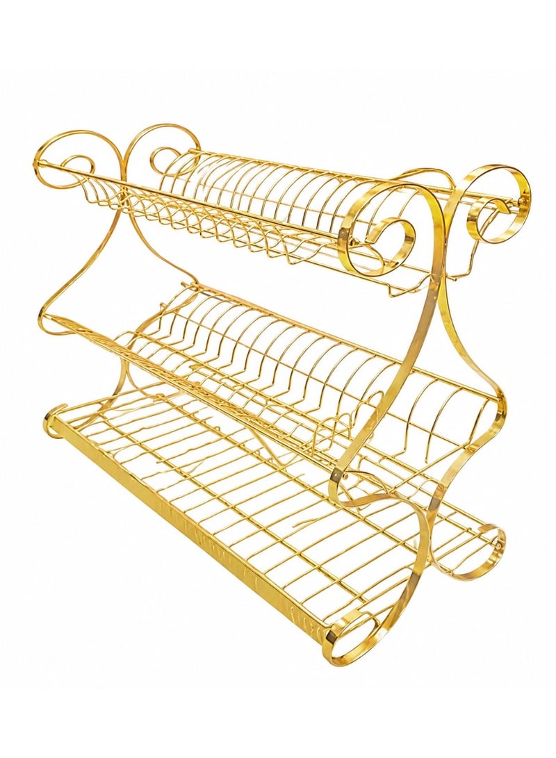 3-Tier Gold Dish Rack and Organizer: Multi-purpose dish rack and drainer for dishes and cups; metal dish rack in a gold color.