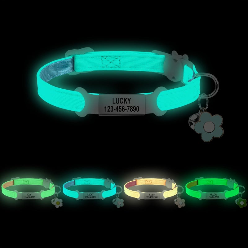 Pink Glow In The Dark Cat Collar With Removable ID Tag Laser Engraved Pet Information Up To 26 Characters Adjustable Size Night Safe For Cat Travel - Image 1