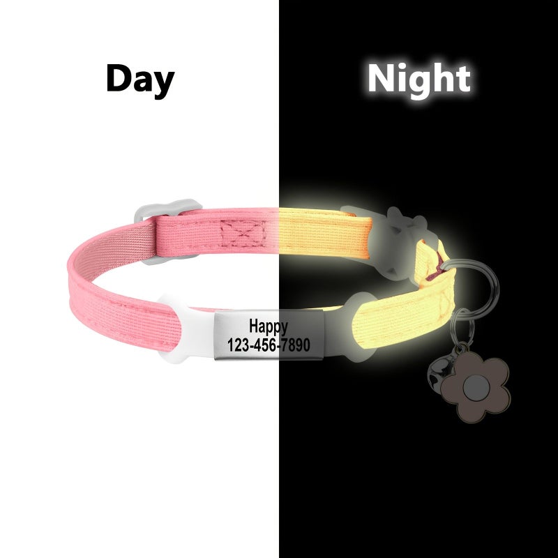 Pink Glow In The Dark Cat Collar With Removable ID Tag Laser Engraved Pet Information Up To 26 Characters Adjustable Size Night Safe For Cat Travel - Image 2
