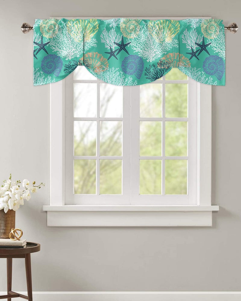 LooPoP Tie Up Valance for Windows Starfish Shellfish Ocean Coral Curtains Valances Rod Pocket Valance Window Treatments Beach Themed Aqua Green Balloon Curtains for Kitchen Living Room Bedroom Bathroom 54x18  - Image 2