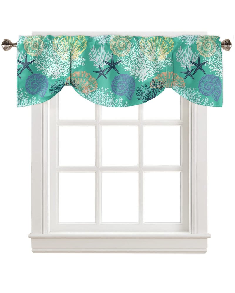 LooPoP Tie Up Valance for Windows Starfish Shellfish Ocean Coral Curtains Valances Rod Pocket Valance Window Treatments Beach Themed Aqua Green Balloon Curtains for Kitchen Living Room Bedroom Bathroom 54x18  - Image 1