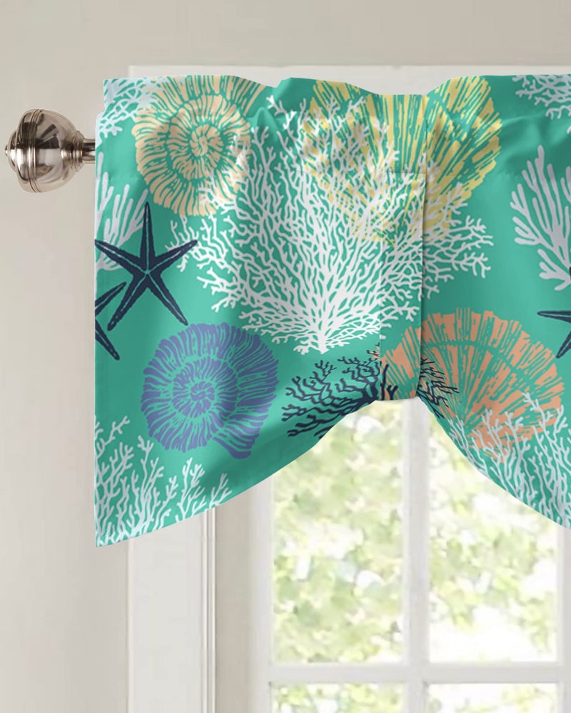 LooPoP Tie Up Valance for Windows Starfish Shellfish Ocean Coral Curtains Valances Rod Pocket Valance Window Treatments Beach Themed Aqua Green Balloon Curtains for Kitchen Living Room Bedroom Bathroom 54x18  - Image 3