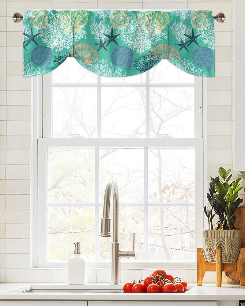 LooPoP Tie Up Valance for Windows Starfish Shellfish Ocean Coral Curtains Valances Rod Pocket Valance Window Treatments Beach Themed Aqua Green Balloon Curtains for Kitchen Living Room Bedroom Bathroom 54x18  - Image 4
