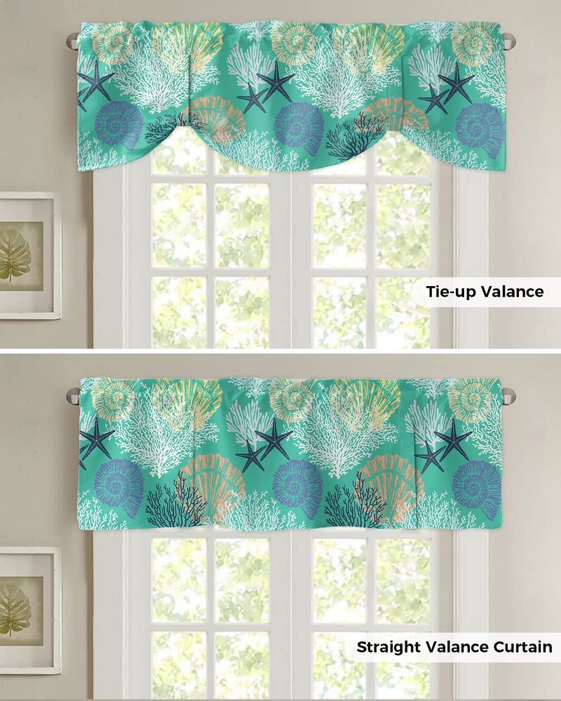 LooPoP Tie Up Valance for Windows Starfish Shellfish Ocean Coral Curtains Valances Rod Pocket Valance Window Treatments Beach Themed Aqua Green Balloon Curtains for Kitchen Living Room Bedroom Bathroom 54x18  - Image 5