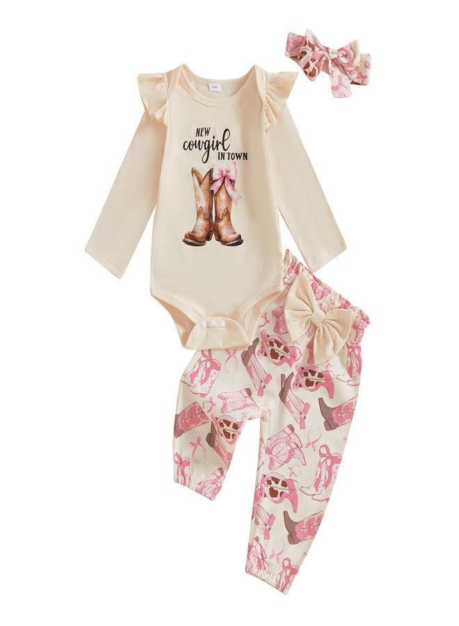 Rtnnsbbfcm Newborn Baby Girl Clothes Western Cowgirl Long Sleeve Romper Onesie Pants Sets Fall Winter Infant Cute Outfits (Beige, 3-6 Months) - Image 1