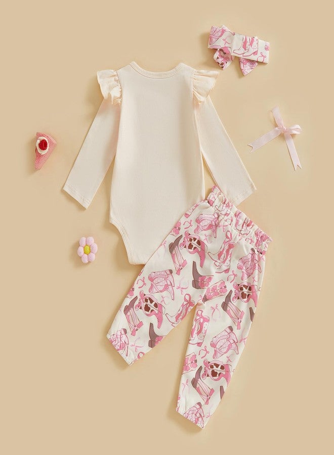 Rtnnsbbfcm Newborn Baby Girl Clothes Western Cowgirl Long Sleeve Romper Onesie Pants Sets Fall Winter Infant Cute Outfits (Beige, 3-6 Months) - Image 3