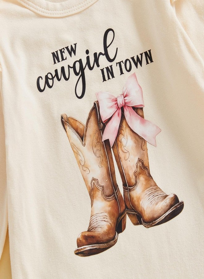 Rtnnsbbfcm Newborn Baby Girl Clothes Western Cowgirl Long Sleeve Romper Onesie Pants Sets Fall Winter Infant Cute Outfits (Beige, 3-6 Months) - Image 5