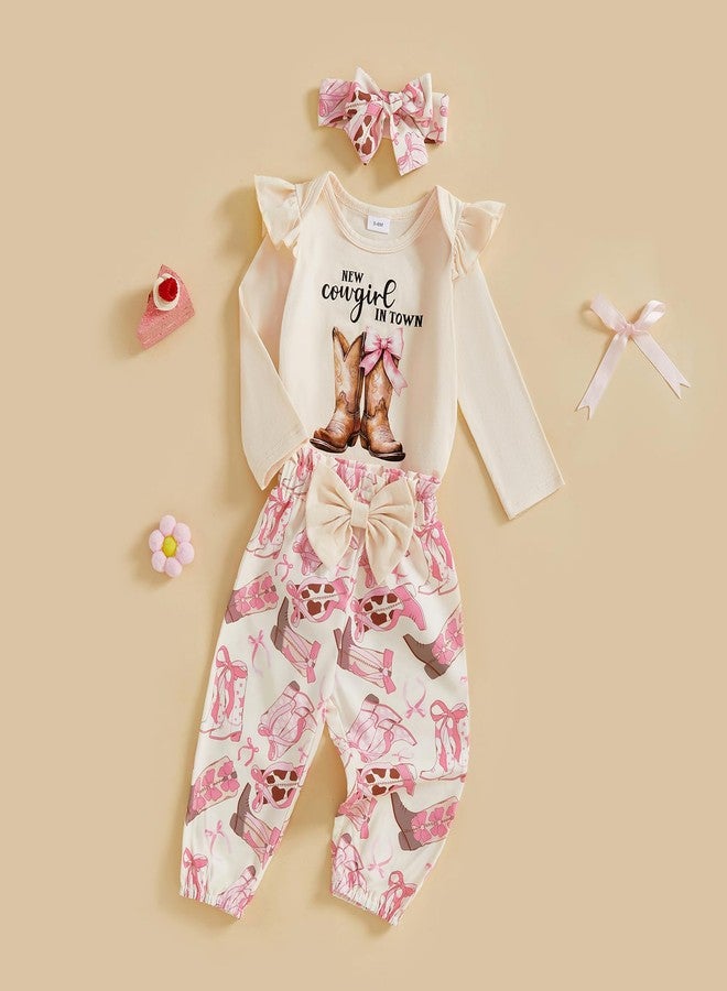 Rtnnsbbfcm Newborn Baby Girl Clothes Western Cowgirl Long Sleeve Romper Onesie Pants Sets Fall Winter Infant Cute Outfits (Beige, 3-6 Months) - Image 2