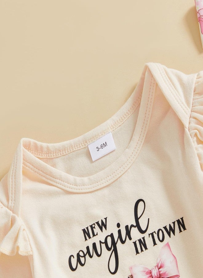 Rtnnsbbfcm Newborn Baby Girl Clothes Western Cowgirl Long Sleeve Romper Onesie Pants Sets Fall Winter Infant Cute Outfits (Beige, 3-6 Months) - Image 4