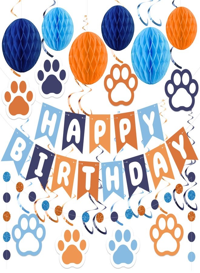 Maniaacer Pre-strung Dog Birthday Party Decorations Blue and Orange Happy Birthday Banner with Honeycomb Balls Dog Paw Hanging Swirls Circle Dots Garland for Kids Puppy Doggie Pet Theme Birthdays Party Decor - Image 1