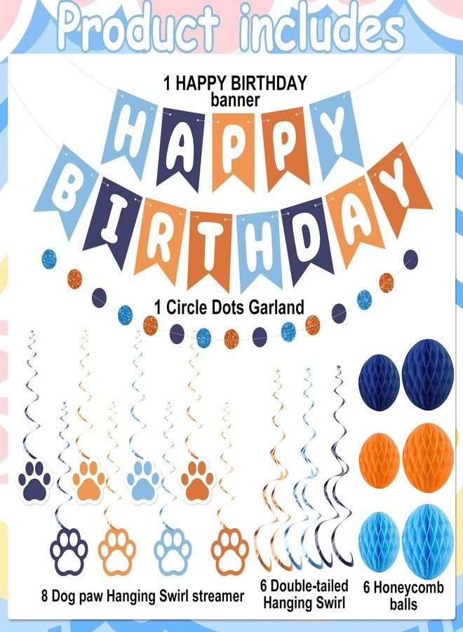 Maniaacer Pre-strung Dog Birthday Party Decorations Blue and Orange Happy Birthday Banner with Honeycomb Balls Dog Paw Hanging Swirls Circle Dots Garland for Kids Puppy Doggie Pet Theme Birthdays Party Decor - Image 3