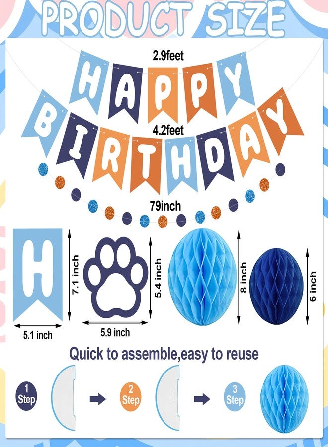 Maniaacer Pre-strung Dog Birthday Party Decorations Blue and Orange Happy Birthday Banner with Honeycomb Balls Dog Paw Hanging Swirls Circle Dots Garland for Kids Puppy Doggie Pet Theme Birthdays Party Decor - Image 2