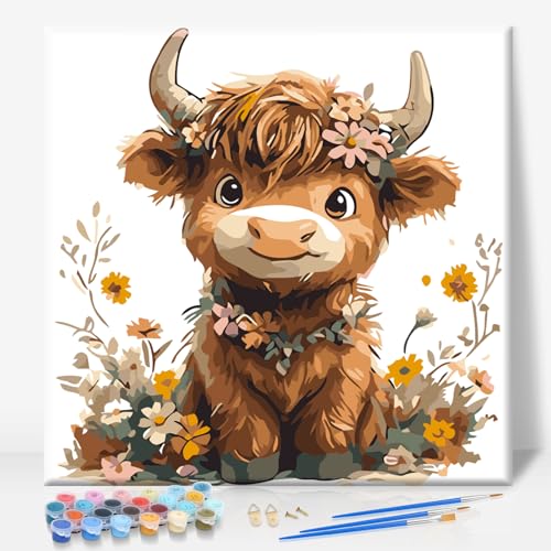 Camocin Framed Paint by Numbers Kit for Adults Beginner Cute Highland Cow Paint by Number Canvas with Frame Farmhouse DIY Acrylic Painting Kit for Cozy Home Wall Decor 10x10 Inch - Image 1