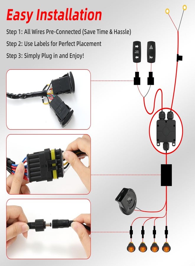 OFIG UTV Turn Signal Kit with 110DB Horn, Pre-Wired, Plug and Play ATV UTV Blinker with Rocker Switch, Universal UTV Street Legal Kit Compatible with Polaris, Can Am, CFMOTO, Arctic Cat - Image 3