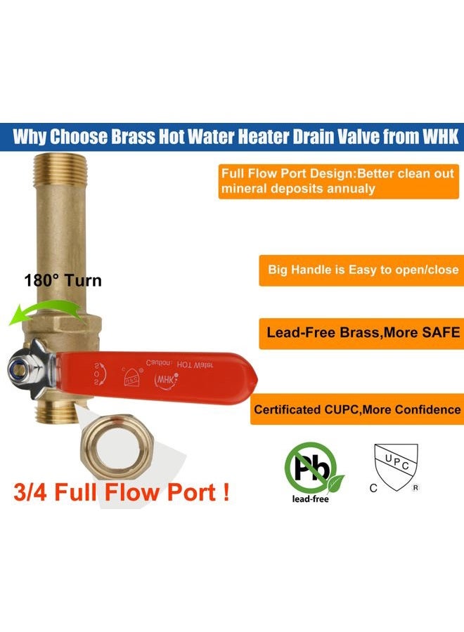 WHK Water Heater Drain Valve 3/4"MIP X 3/4" Male GHT Connection to drain or Flush Hot Water Heater Faster and Easy Big Full Port (Lead-Free Brass,3 Inch Shank with Long Handle,Straight) - Image 5