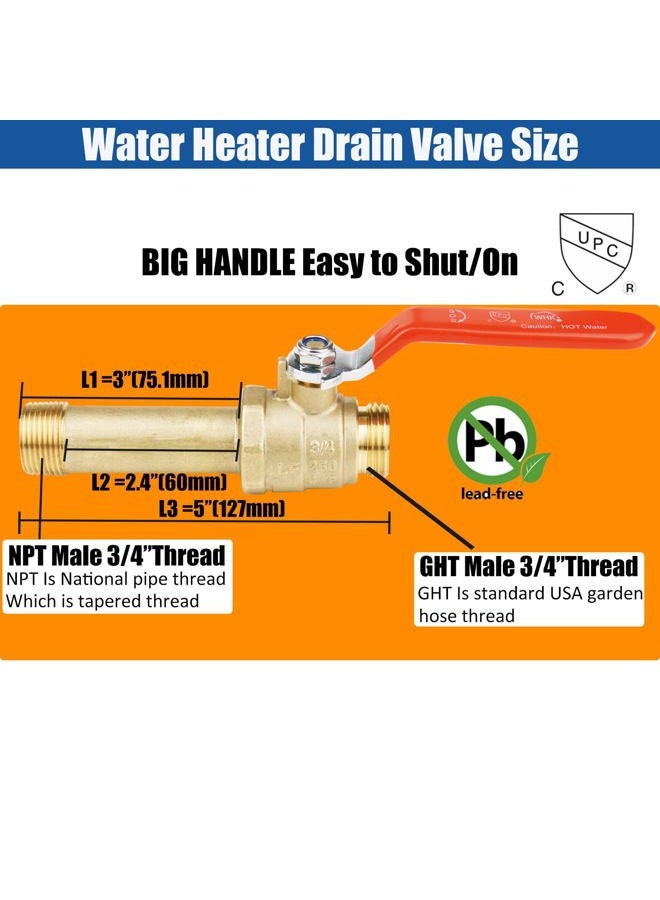 WHK Water Heater Drain Valve 3/4"MIP X 3/4" Male GHT Connection to drain or Flush Hot Water Heater Faster and Easy Big Full Port (Lead-Free Brass,3 Inch Shank with Long Handle,Straight) - Image 3
