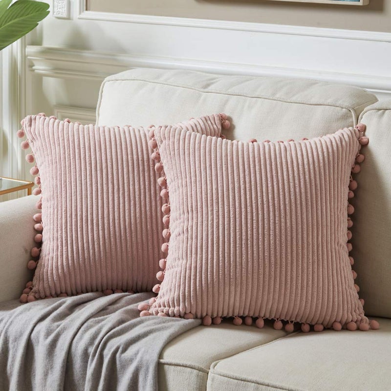 Fancy Homi Pack of 2 Euro Decorative Throw Pillow Covers with Pompoms Soft Corduroy Solid Square Cushion Cases Set for Couch Sofa Bedroom Car Living Room 24x24 Inch60x60 cm Blush Pink