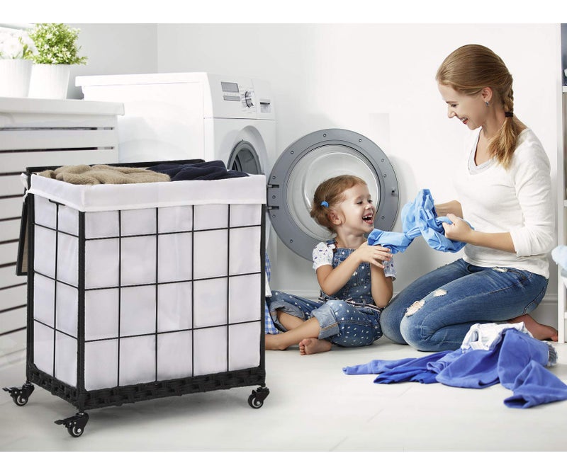 Hermina Durable Laundry Hamper with Removable Liner Bag, Heavy Duty Wheels, Wood Lid and Metal Handle - Clothes Sorter and Laundry Basket in White - Image 2