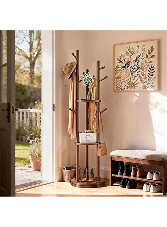 Rotary Coat Rack, Wooden Coat Tree with 9 hooks & 3 Storage Shelves, Entry Hall Tree Multifunctional Coat Stand  for Coats Scarves Handbags Hat, 40*40*164cm (Brown) - Image 1