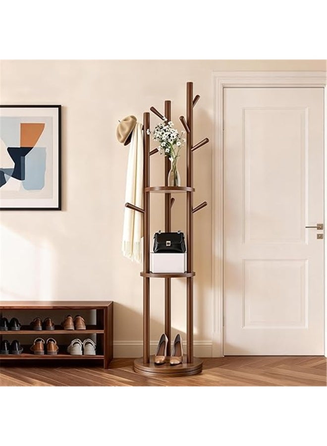 Rotary Coat Rack, Wooden Coat Tree with 9 hooks & 3 Storage Shelves, Entry Hall Tree Multifunctional Coat Stand  for Coats Scarves Handbags Hat, 40*40*164cm (Brown) - Image 2