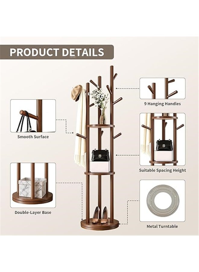 Rotary Coat Rack, Wooden Coat Tree with 9 hooks & 3 Storage Shelves, Entry Hall Tree Multifunctional Coat Stand  for Coats Scarves Handbags Hat, 40*40*164cm (Brown) - Image 3