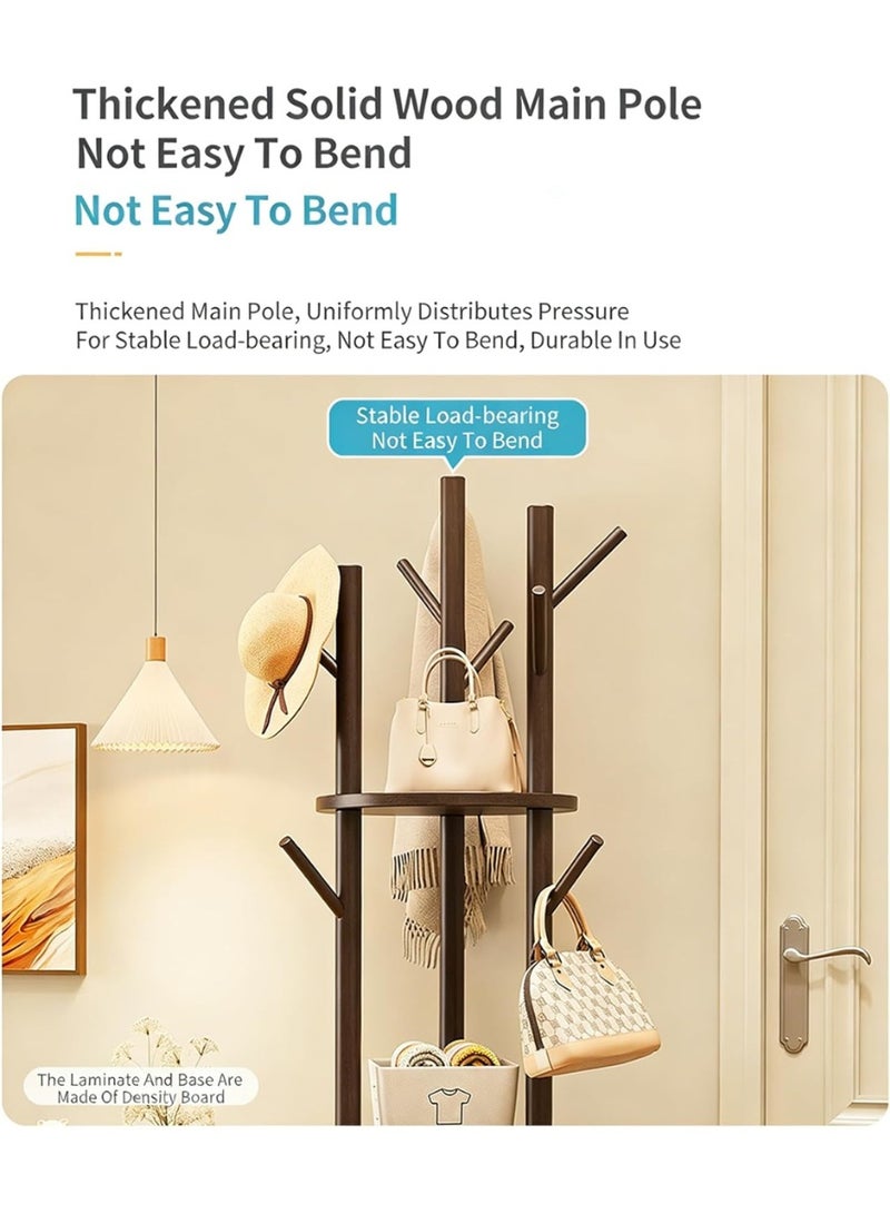 Rotary Coat Rack, Wooden Coat Tree with 9 hooks & 3 Storage Shelves, Entry Hall Tree Multifunctional Coat Stand  for Coats Scarves Handbags Hat, 40*40*164cm (Brown) - Image 4