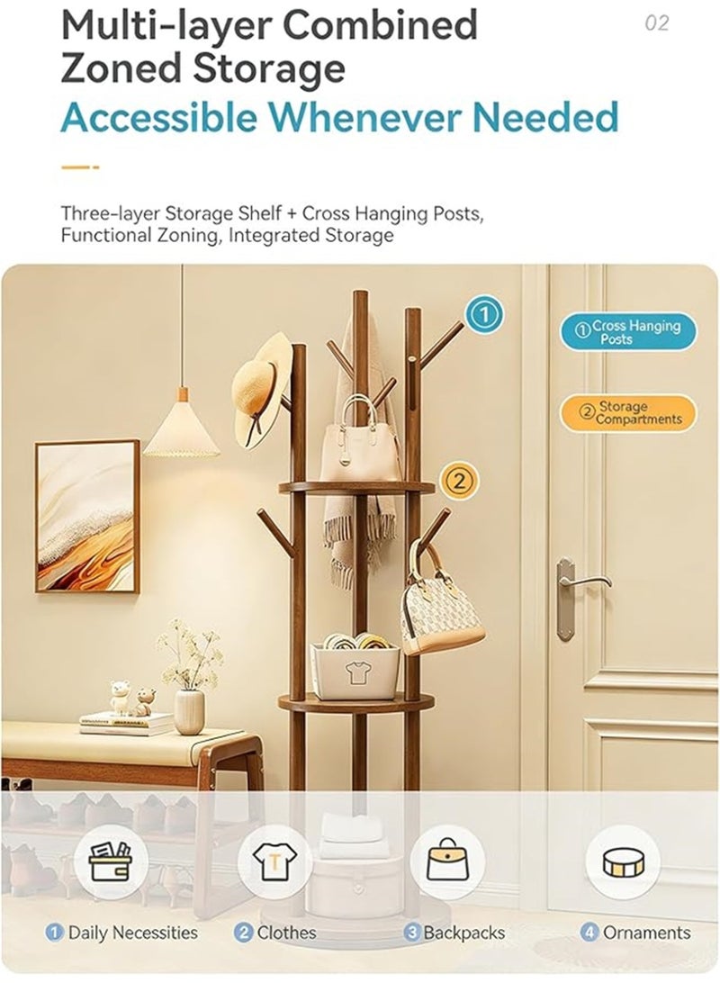 Rotary Coat Rack, Wooden Coat Tree with 9 hooks & 3 Storage Shelves, Entry Hall Tree Multifunctional Coat Stand  for Coats Scarves Handbags Hat, 40*40*164cm (Brown) - Image 5