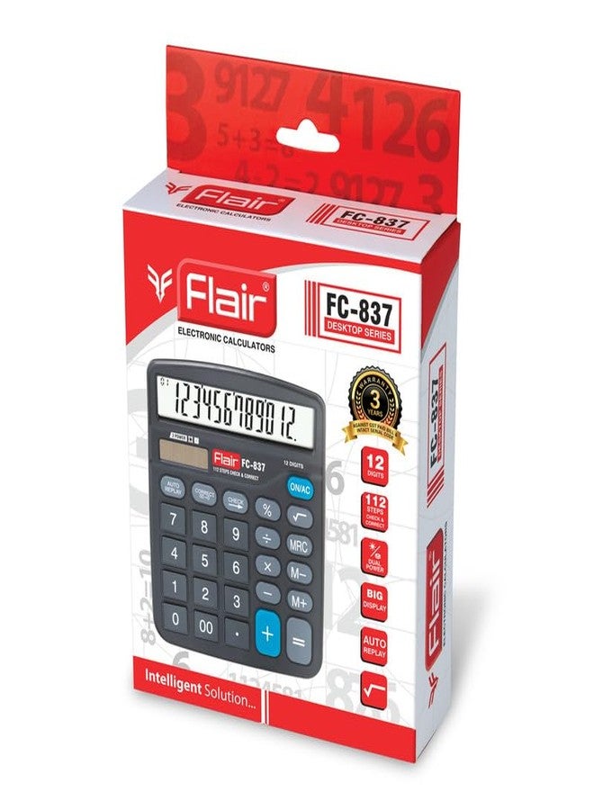 فلير آلة حاسبة Flair FC-837 المكتبية | آلة حاسبة بـ 12 رقمًا | تعمل بالطاقة الشمسية | إعادة تشغيل تلقائية مع شاشة كبيرة | وظيفة الجذر التربيعي | مثالية للمدارس والجامعات والمكاتب | أسود، عبوة من قطعة واحدة - Image 5