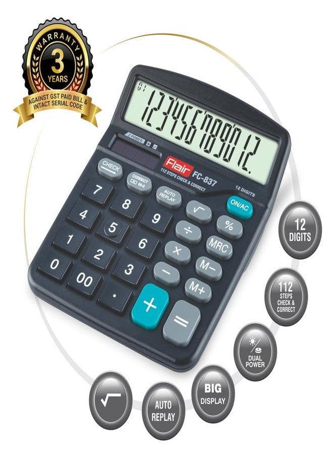 فلير آلة حاسبة Flair FC-837 المكتبية | آلة حاسبة بـ 12 رقمًا | تعمل بالطاقة الشمسية | إعادة تشغيل تلقائية مع شاشة كبيرة | وظيفة الجذر التربيعي | مثالية للمدارس والجامعات والمكاتب | أسود، عبوة من قطعة واحدة - Image 2