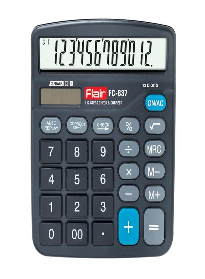 فلير آلة حاسبة Flair FC-837 المكتبية | آلة حاسبة بـ 12 رقمًا | تعمل بالطاقة الشمسية | إعادة تشغيل تلقائية مع شاشة كبيرة | وظيفة الجذر التربيعي | مثالية للمدارس والجامعات والمكاتب | أسود، عبوة من قطعة واحدة - Image 1