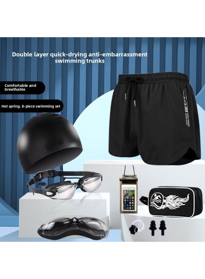 Men's Three-Piece Swimming Trunks Set, Loose Short-Sleeved Quick-Drying Anti-Embarrassment Beach Pants, Swimming Trunks, Swimming Cap And Goggles Set
