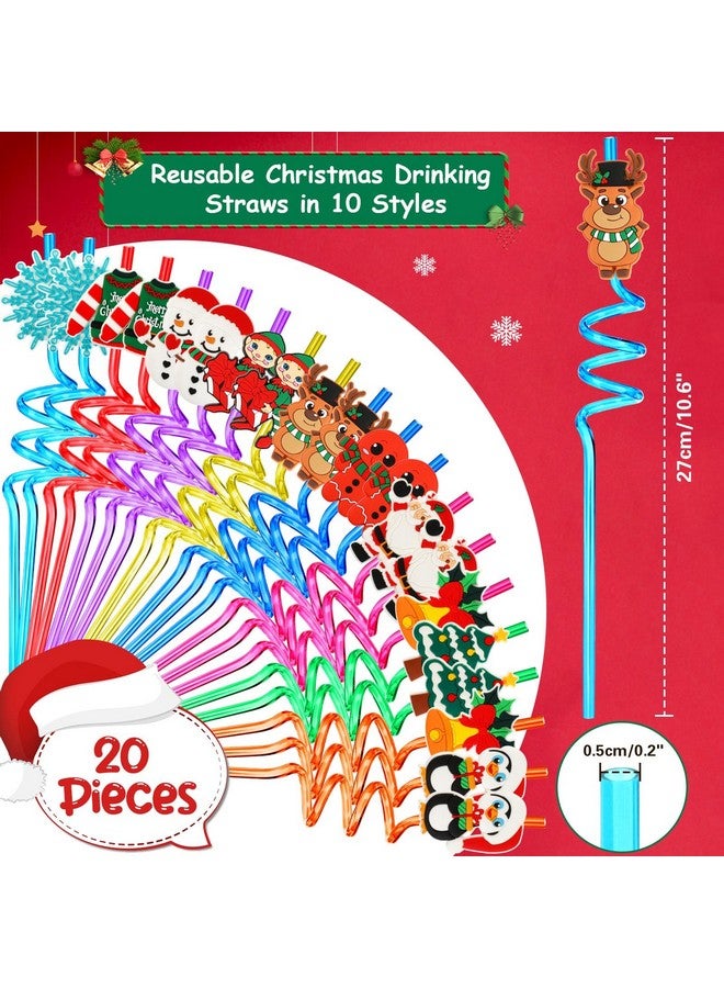 جانيون مصاصات عيد الميلاد، 20 قطعة من مصاصات الشرب البلاستيكية القابلة لإعادة الاستخدام لحفلات عيد الميلاد للأطفال، مصاصات شرب على شكل رقاقات ثلج سانتا اللطيفة ورنة عيد الميلاد، لوازم حفلات العطلات (10 أنماط) - Image 2
